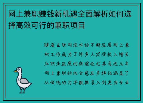 网上兼职赚钱新机遇全面解析如何选择高效可行的兼职项目