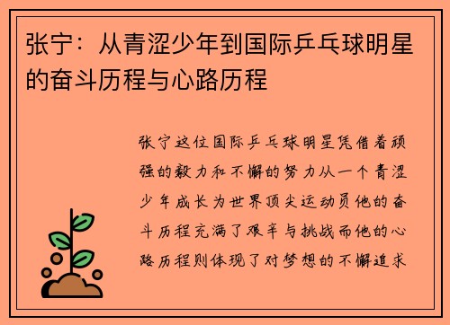 张宁：从青涩少年到国际乒乓球明星的奋斗历程与心路历程
