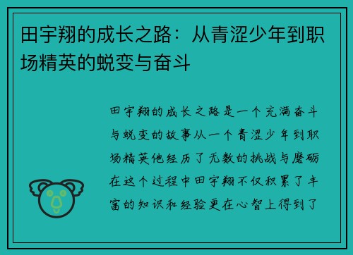 田宇翔的成长之路：从青涩少年到职场精英的蜕变与奋斗