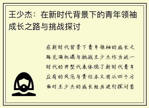 王少杰：在新时代背景下的青年领袖成长之路与挑战探讨