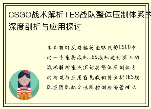 CSGO战术解析TES战队整体压制体系的深度剖析与应用探讨