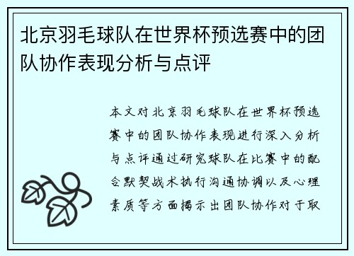 北京羽毛球队在世界杯预选赛中的团队协作表现分析与点评