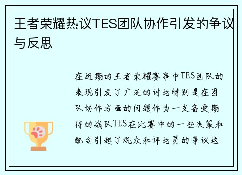 王者荣耀热议TES团队协作引发的争议与反思