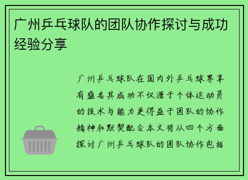 广州乒乓球队的团队协作探讨与成功经验分享