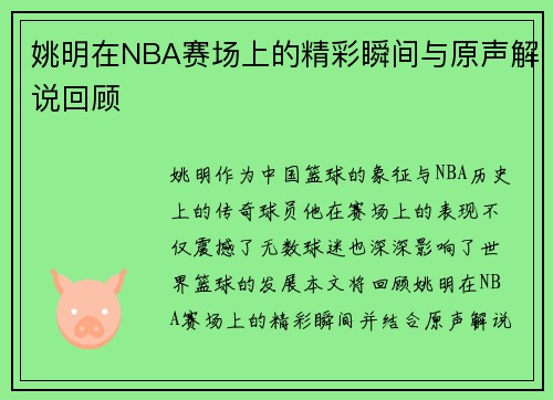 姚明在NBA赛场上的精彩瞬间与原声解说回顾