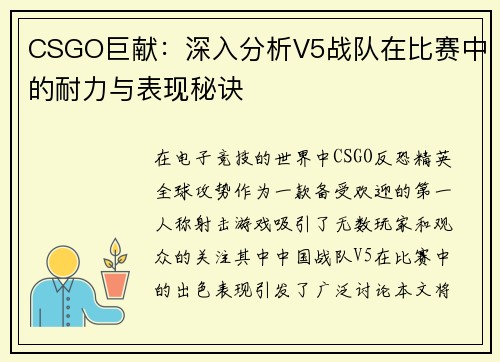 CSGO巨献：深入分析V5战队在比赛中的耐力与表现秘诀