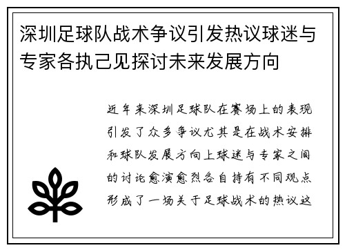 深圳足球队战术争议引发热议球迷与专家各执己见探讨未来发展方向