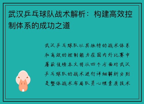 武汉乒乓球队战术解析：构建高效控制体系的成功之道