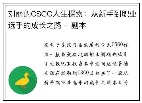 刘丽的CSGO人生探索：从新手到职业选手的成长之路 - 副本