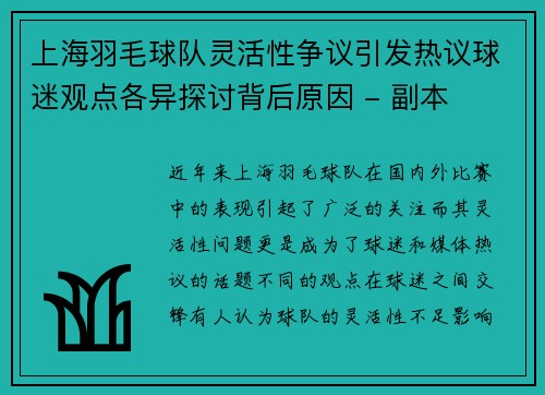 上海羽毛球队灵活性争议引发热议球迷观点各异探讨背后原因 - 副本