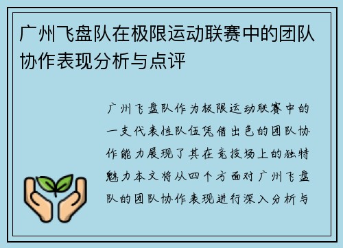 广州飞盘队在极限运动联赛中的团队协作表现分析与点评